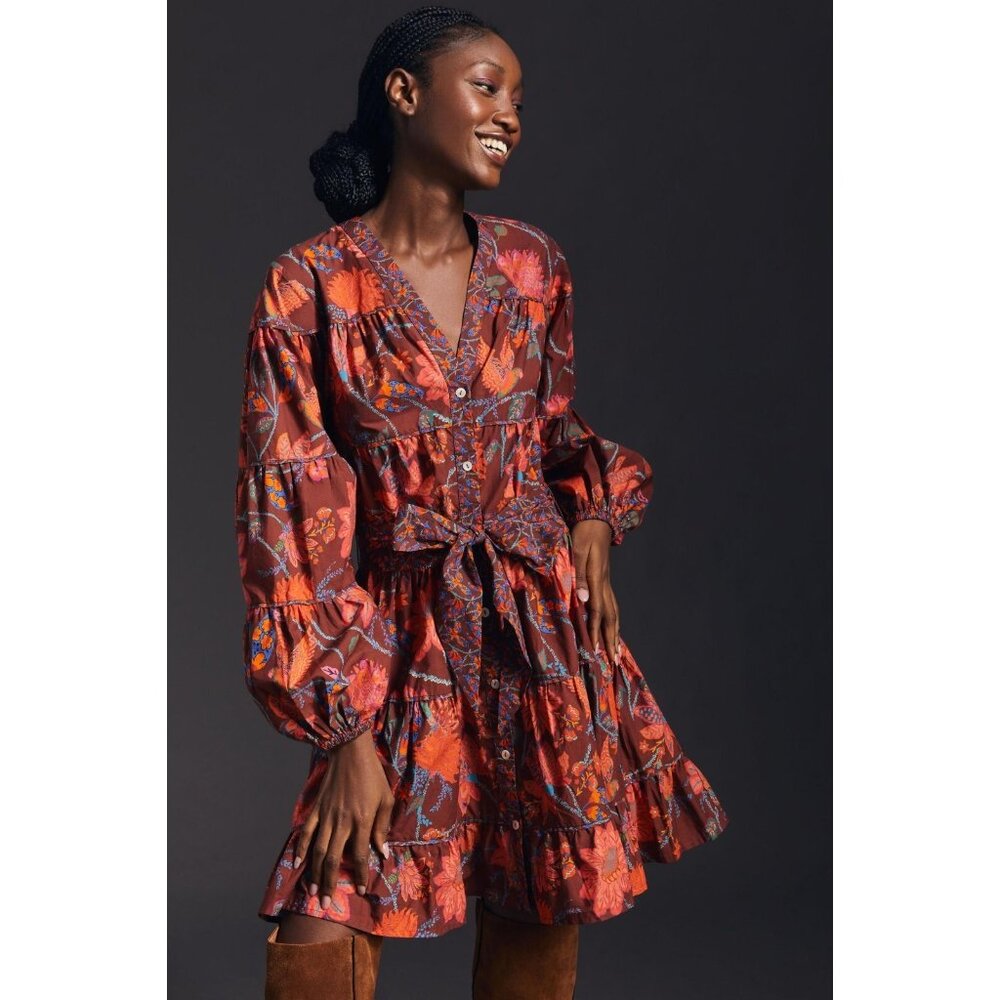 NWT FARM Rio x Anthropologie Button-Front Shirt Dress in Red Floral Parrot SP